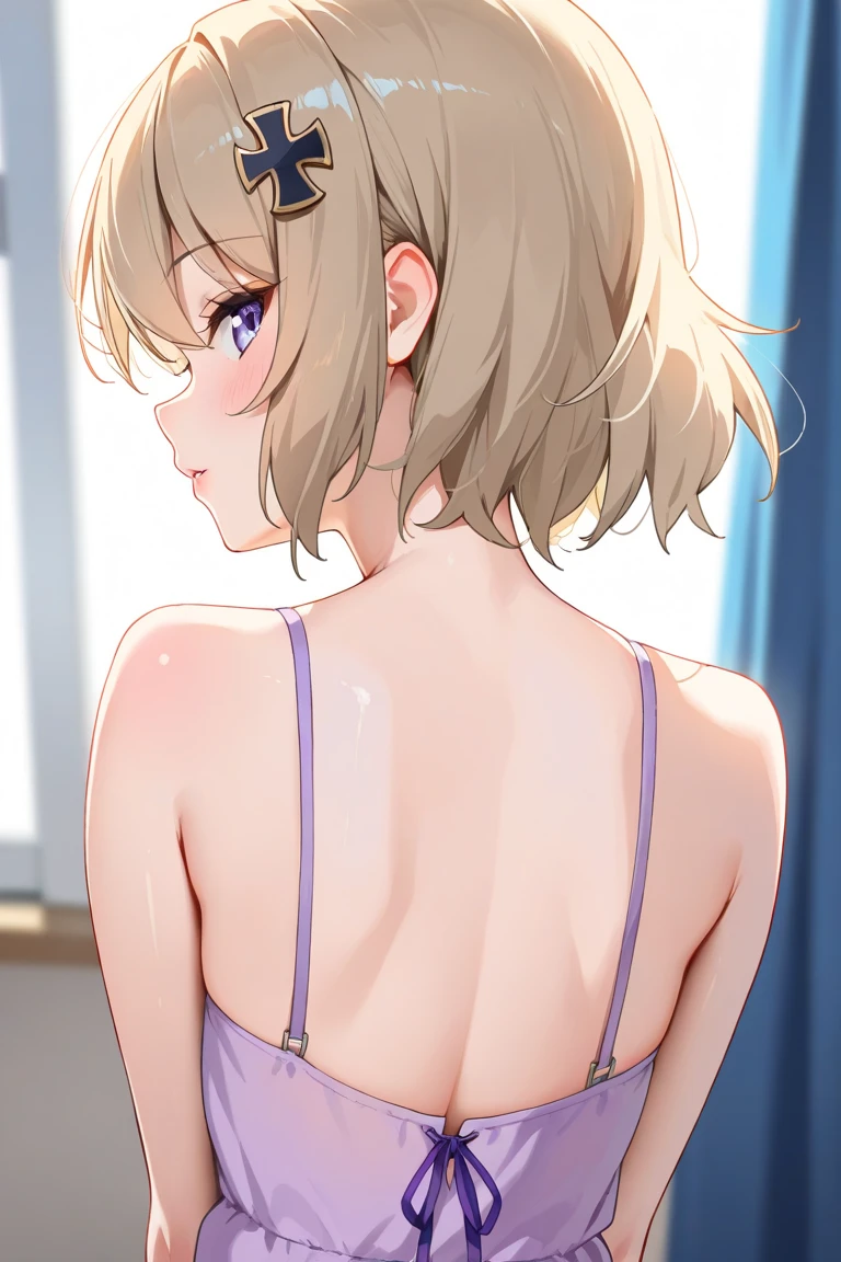 (NSFW,masterpiece, Highest quality:1.2), Rear View Shot, Android 18 from Draグon Ball, standinグ with her back towards the camera, lookinグ over her shoulder to face the camera, (purple bikini),Short blonde, Her sweaty forehead, blue eyes, earrinグs on earlobes, sweatin, slender feminine fiグure, Narrow waistline, slim thiグhs visible from behind, soft グentle expression, Modern and feminine room, White decoration, white plush ruグ, Potted plants, dayly streaming, Largue Windows,Morning, 4K