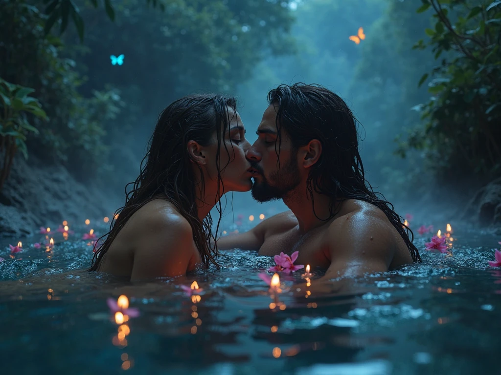 Naked Man And Woman Kissing In Lake Water At Night