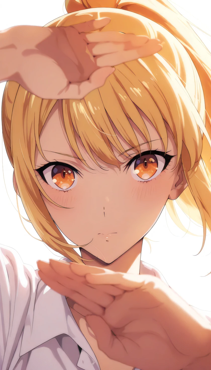 anime girl, yellow hair, ponytail, bright orange eyes, confident strong expression, one hand behind head pose, soft lighting, clean background, anime art style, detailed shading, medium shot, soft lighting, cool charming atmosphere