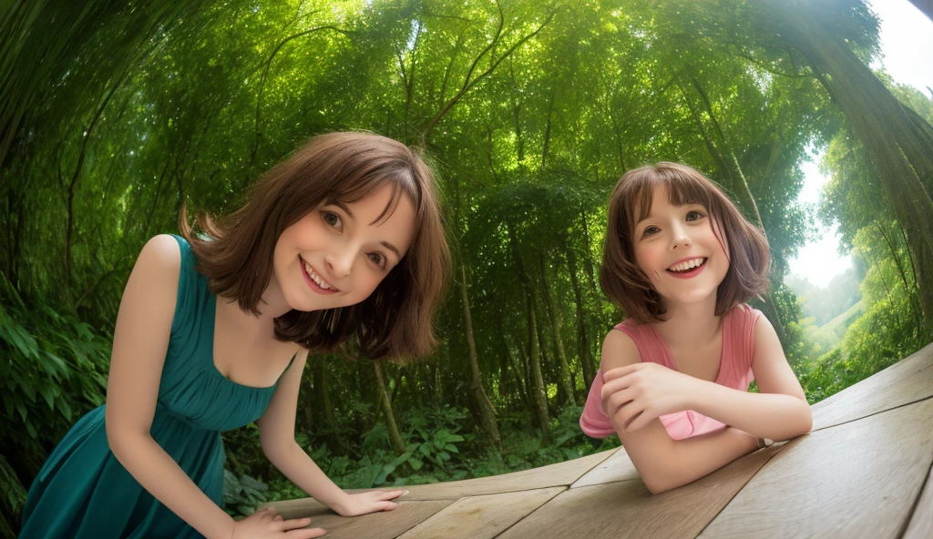 Very happy young skinny child, with short red hair, dressed in light summer-dress, ride on her dad's shoulders in a forest in the middle of the afternoon