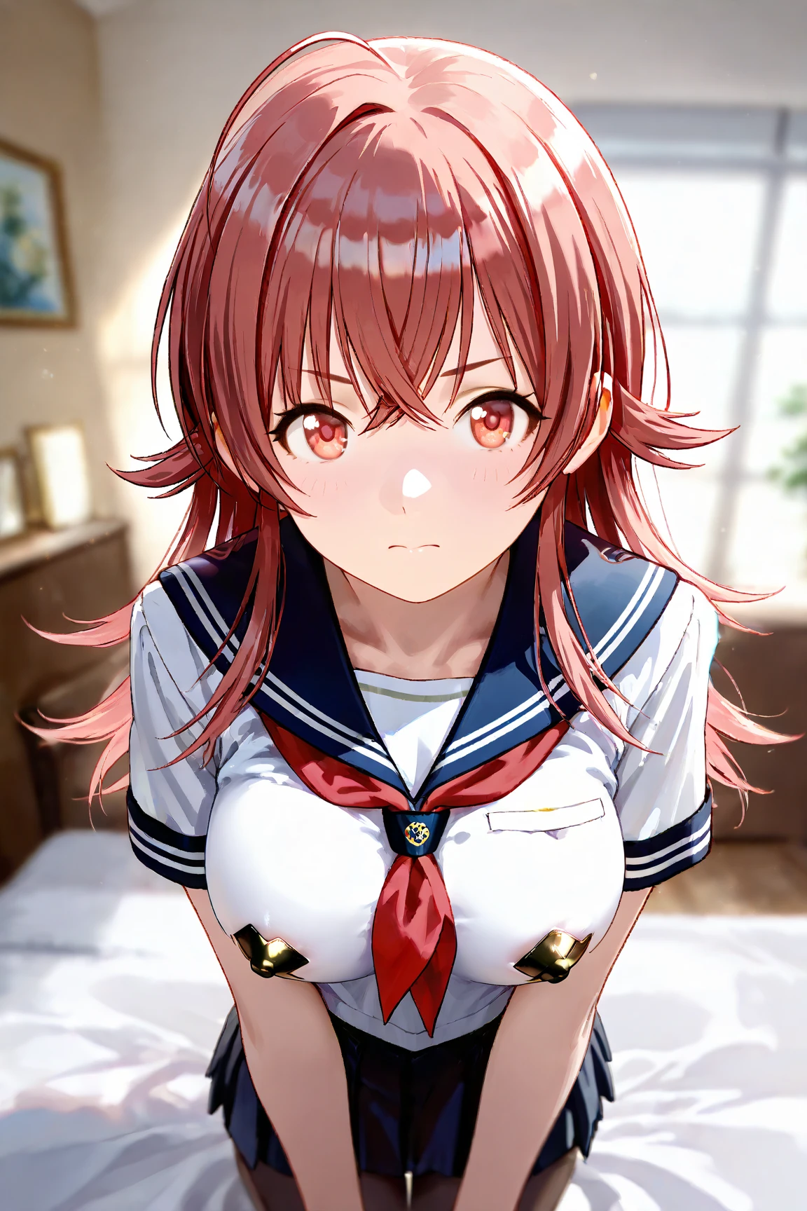 (Masterpiece, Best Quality, High Quality:1.4), professional artwork, Intricate Details, field of view, sharp focus, detailed painting, photorealistic lighting, trending on pixiv, 1girl, (vivid lighting, vibrant colors:1.05), realistic shadows, ambient occlusion,
Marie Mamiya, mature female, milf, solo, (curvy:1.1), luxury room, (half body shot:1.1), looking at viewer,
(red hair:1.05), hair ornament, lipstick, makeup, (mole under eye:0.9), choker, ultra detail hair, ultra detail face, (yellow glowing eyes:1.05), perfect eyes, perfect face, perfect retina, earrings, (seductive look, blush:1.15),
(school_uniform:1.4), choker, necklace, fingernails,
(Large Breasts:1.15)