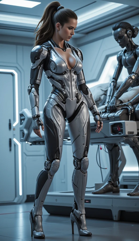(Photorealistic:1.4) image of a Japanese Girl, (top-quality, 8K, 32K, masterpiece), (her Hands & Legs enhanced by  UltraRealistic Bionic Robot,Glowing Eyes), with glowing Parts Realistic, natural body, with stunning skin, gorgeous body shape, (dynamic pose), ((facing camera)), cowboy shot, shapeless hair, blue color hair. depth of field f/1.8, Ruined city background, luminescence light particles, (((glow)), HDR (high dynamic range), Multi-layered textures, Surface shading, Accurate simulation of light-material interactions, Perfect Proportions, Octane Render, (two-tone lighting), low ISO, (Details: Hands & Legs enhanced by  UltraRealistic Bionic Robot:1.5, (Glowing Bionic Parts:1.2))