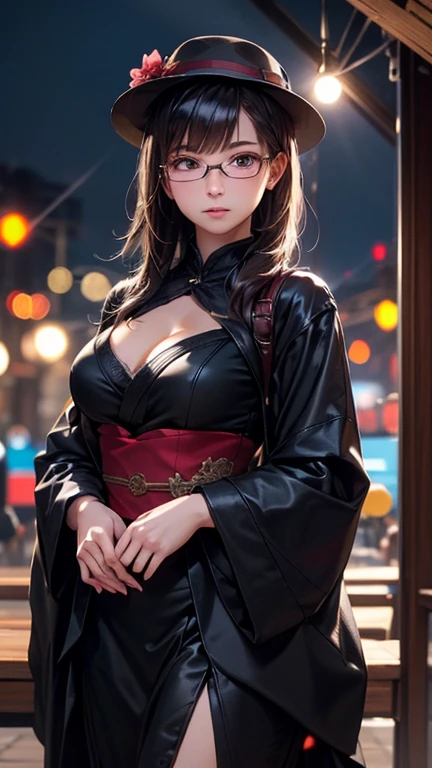 1 girl, glasses, big breasts, sexy dark yukata, loose hair, looking at you, raise one hand, open the door for you, blush, night light, detailed face, beautiful eyes, long eyelashes, detailed lips, detailed skin, intricate details, elegant, beautiful lighting, cinematic, soft focus, photorealistic, masterpiece, 8k, ultra-detailed, (best quality, 4k, 8k, highres, masterpiece:1.2), ultra-detailed, (realistic, photorealistic, photo-realistic:1.37)