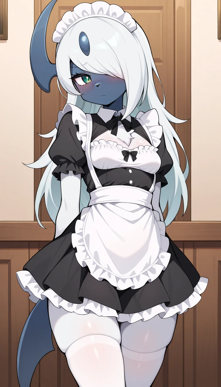 (My little pony), anthro, ((turquoise to white hair gradient)), white body, red eyes, medium breasts, red lips, perfect lines, beautiful quality, room, ((very shy pose)), ((maid costume)), mage hat, radiant light, black stockings, black panties under clothes, big ass, front view, black bra under clothes, cameltoe 