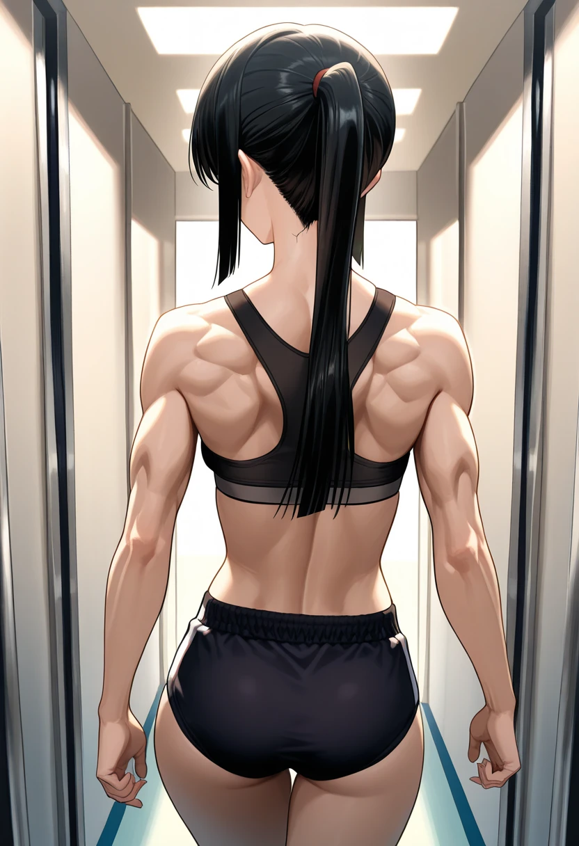 Tomo Takino, Azumanga daioh, black hair, messy hair, tank top, biker short leggings, black socks, shoes, breasts, Wallpaper, Close-Up, back of view, standing up, checking out her butt, ass view, smirking, hands on her waist