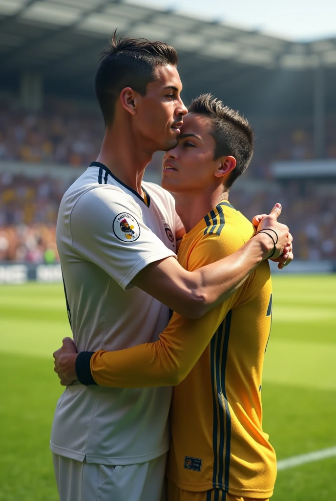 un abrazo de cristiano ronaldo y messi en la luna