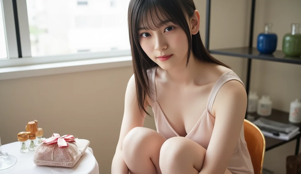 ​masterpiece、(realisitic)、(((High Definition CG Unified 8K Wallpapers)))、(HQ Skins:1.2)、8K、Digital SLR、hightquality、((((Photorealsitic))))、Perfect litthing、25 year old woman、femele１Portrait、Very delicate and beautiful woman、(((((A slender)))))、The waist is constricted、highlydetailed skin、de pele branca、Gentle slender face、thin egg-shaped face、not smiling、Nervous、a little frightened、embarrassed from、Do not close your eyes、The lips are very red、Bigger eyes、((((Staring at the photographer))))、Lights on your face、I don't want to leave.、D-Cup bust、natural soft light、Beautiful photo studio background、（High quality,A detailed）White micro underwear、White micro underwear、Perfect litthing、 (((Women spread their legs more than 90 degrees)))、(((Show the photographer your crotch and panties)))、((((Images of the whole face and panties and crotch))))、(((Do not hide your crotch with your hands)))、low angles、((Female genitalia are depicted))、(((Nipples are erect)))、Micro bikini is white、(((Do not hide your crotch with your hands)))、Simple wall background、Underwear is white lace fabric、White lace eyes are large、High transparency of underwear、the is open、The is erect、M-shaped legs、the bow、squatt、(((Sitting with your knees bent and your legs spread)))、Ridiculous、pantyshot、