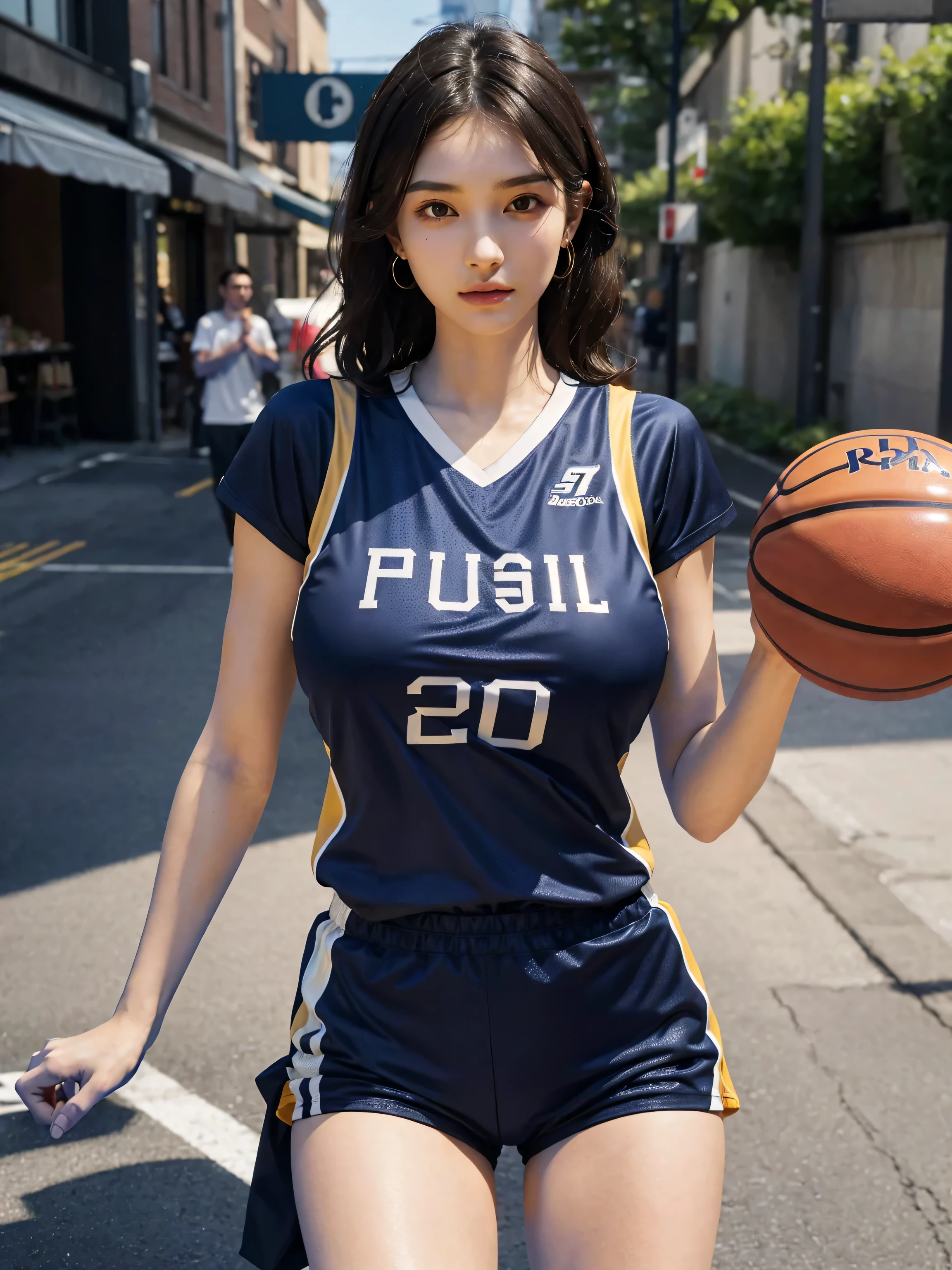 absurdres, RAW photo, extremely delicate and beautiful, masterpiece, Best Quality, ultra high resolution, 32k, hyperrealistic, ultra-detailed, perfect anatomy, perfect figure, super Detailed skin, 20 years old, very Slim body, narrow waist, very small head, very small face, delicate facial features, tearful mole, earring, thin legs, bare legs, ((very huge round breasts)), short medium hair, ((wavy hair)), wet clothes, (((basketball Jersey))), shorts,