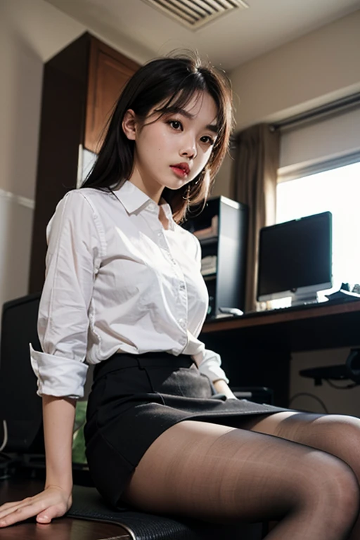 1 girl sitting in an office chair，Computer,(European model:1.3),31 years old,delicated,Business womenswear,(jaket:1.1),(The shirt:1.1),(Wrap skirt:1.1),jewelry,Hosiery,Stockings,black lence stockings，goosebumps,Goose - meat，（Fidelity：1.3），filigree，quality，（tmasterpiece：1.2），（Fidelity：1.2），（best qualtiy），（skin detailed：1.3），（Complicated details），dramatics，Ray traching，photore，Bathed in shadows，visual novel，The boss's office for a skyscraper，window with view on the city，filmgrain，depth of fields，mature，waved hair，By bangs，Stiletto heels