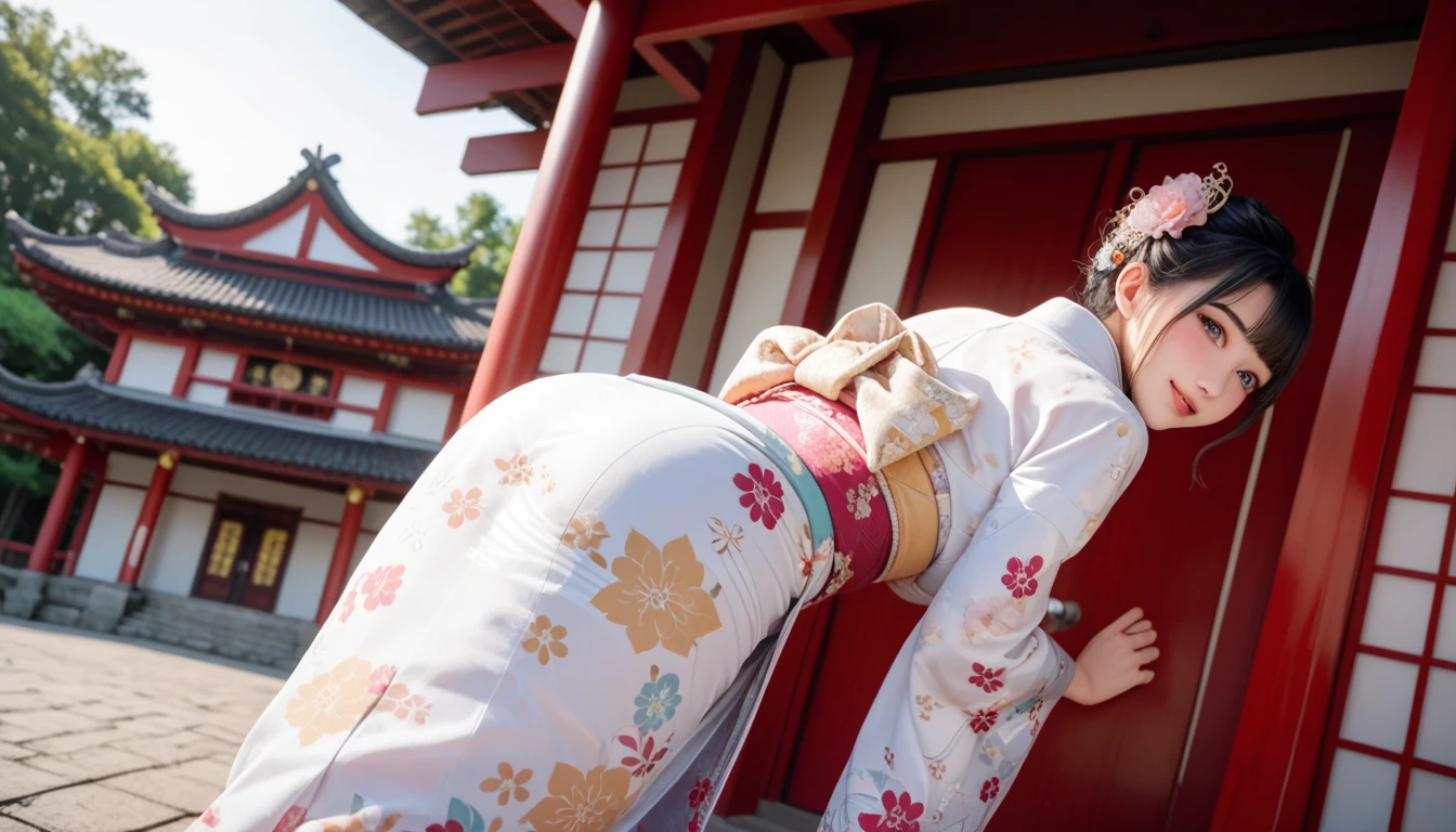 ((facing back:1.5))、(high-level image quality、hightquality、hight resolution、detaileds、masterpiece)、(There are mature and beautiful women)、I'm 43 years old、(Looking at the camera:1.2)、ssmile、(A pure Japanese hairstyle with a beautiful hairpin)、(Light brown hair)、(being thin:1.2)、(Small:1.2)、(Bra and thong with large kimono-style decorations:1.2)、She wears a collar, bangles, and a kimono-style garter belt.、(holding a golden dragon in both hands)、The pose is so cute and nice、(Visiting a shrine for the first time in a crowd of people:1.2)