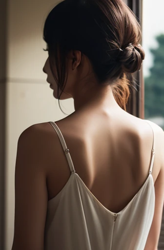 (((best quality))),(((ultra detailed))),(((masterpiece))),illustration,1girl, young,solo, slim,thin,short ponytail,((bare back,towering hips,butt crack)),((shoulder off,bare shoulder)),white collared shirt,shorts,standing,rainy night, heavy rain, drenched clothes, melancholy expression, solitude, tear rolling down cheek, wet hair, empty streets, dimly lit, deserted environment, sound of rain, footsteps, symbol of hope, abandoned, resilience, determination, walking in rain, heartbreak, loss, love fading, loneliness, body language, facial expression, dreary atmosphere, rain-soaked streets, somber mood, viewer engagement,((upper body,from back))