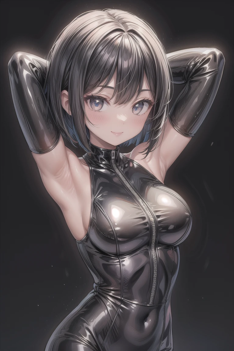 Best quality, 16k resolution, NSFW, anime style,ultra detailed, HD, beautiful tall and mature 25 years old woman, black hair, wearing only a skintight black latex catsuit, large udders, puffy nipples, spy woman, oppai size tit, seductive and sexy, kind and sincere smile, happy face with a seductive and sexy look, thick tights, large cleavage boobs, alone in her apartment room, showing her shoulders and legs, hands doing a peace sign, ((arm up)), ((armpit)), (Short hair: 2.0), (thick body)
