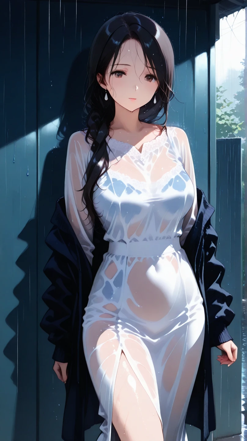 (top quality、masterpiece、very high resolution、Ultra high quality、High quality pixels)、perfect eyes, perfect face, alone,8k, large breasts, solo, one woman, (Detailed description of hair), (Detailed description of face),(detailed description of body), Fair and translucent skin, gorgeous, long legs, facing the audience, Professional photography lighting,Detailed grey eyeball, black hair, (single braid covering the chest: 1.5), handsome style, Cowboy shot, magazine illustration, fashion clothing, formal suit, suit pant, open collar shirt, confident ssmile, open shirt, cleavage, view from side