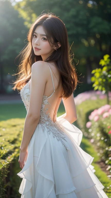 (Art Photography, Award Winning) skinny and toned DV_MeiLing_Vicious (wearing a white chiffon dress standing against the sun), on top of the chinese wall, 5mm, F/2.8, ((Photo Focus, DOF, Aperture, insanely detailed and intricate, character, hypermaximalist, revealing, appealing, attractive, amative, hyper realistic, super detailed, heresy flares))(DOF, blurry background, sunset in the background) (Lens Flare:1.3), (Heresy flare:1.4), smiling, standing