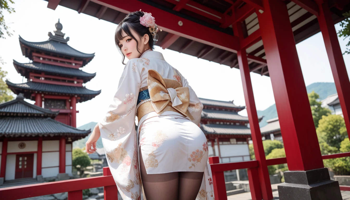 Girl in red and gold Chinese bridal outfit,looking at me with her back,耳Nipple Ring,Phoenix crown,
