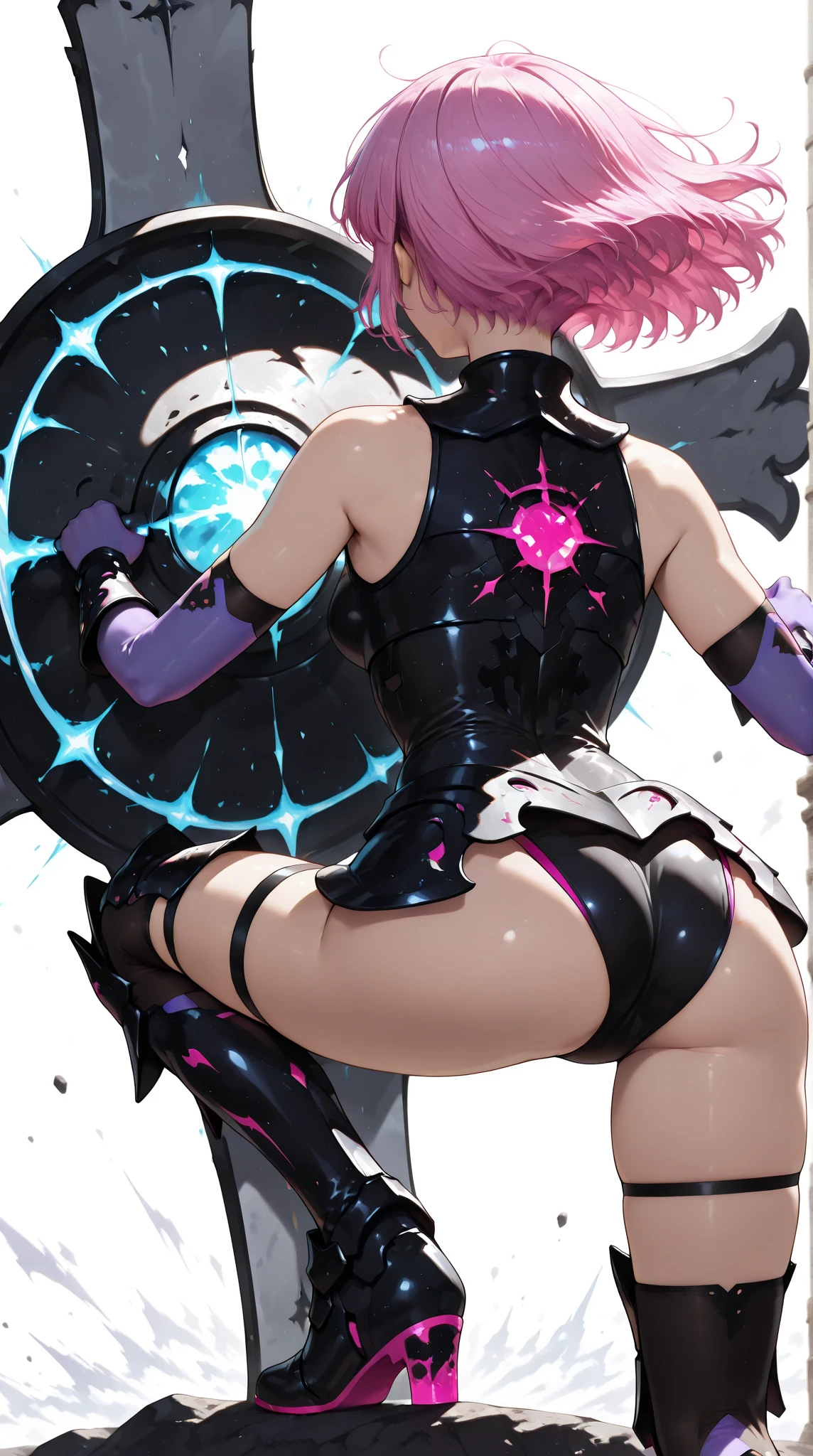 cinematic, (masterpiece), (best quality), (ultra-detailed), very aesthetic, illustration, realistic illustration, perfect composition, intricate details, absurdres,  (anime, masterpiece, intricate:1.3), (best quality, hires textures, high detail:1.2), (4k),(incredibly detailed:1.4),realistic shadow, mash,masterpiece,1girl,solo,hair over one eye,black armor,black leotard,bare shoulders,elbow gloves,purple gloves,thigh strap,thighhighs,armored boots, (flat soled boots:1.2),holding shield,standing,look away,from behind ,above,she is shielding for me, squatting and One knee down,cowboy shot, deflected by the shield.1980’s anime style,in a dynamic motion , Glowing Contours,highly transparent  hair 、(She is holding a large cross-shaped shield.,glowing  shield)