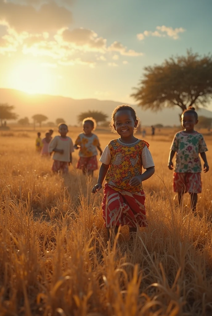 Ten African children laughing, embraced.