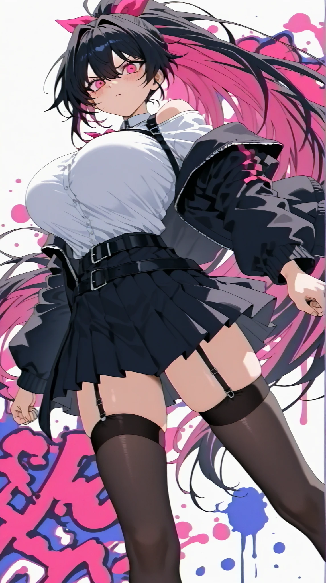 masterpiece, best quality, 1lady, solo, black hanting hat, black shirt, black mini skirt,black boots,    (graffiti:1.5), arms behind back, looking at viewer, thigh strap, paint on face, head tilt, bored, red and multicolored hair, red eyes, white stars in eyes, evil grin, (an artistic photograph of a cyberpunk prostitute),contrast beautifully with the sleek, emphasizing the dynamic nature of the scene. wide aperture, HDR, midnight,alley, street light, night sky,backlit, from below, upper body.