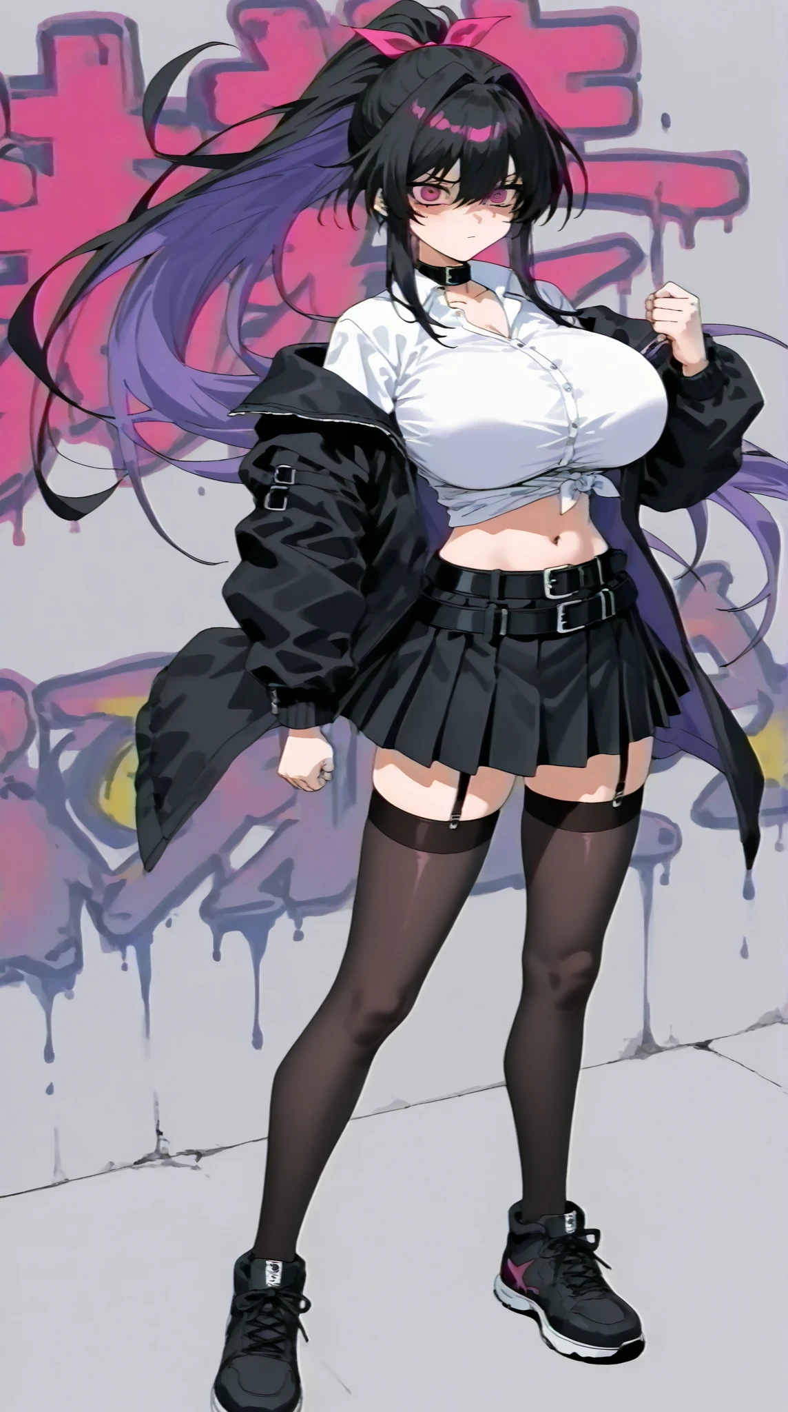 1 girl, red-purple hair, very long hair, violet eyes, beautiful eyes, big eyes, big lips, glossy lips, very curvy body, big breasts, long legs, big butt, wide hips, thick thights, defined image, seductive gaze, umbrella, raining, winter jacket, skirt, bad weather, cold, holding umbrella with her hands