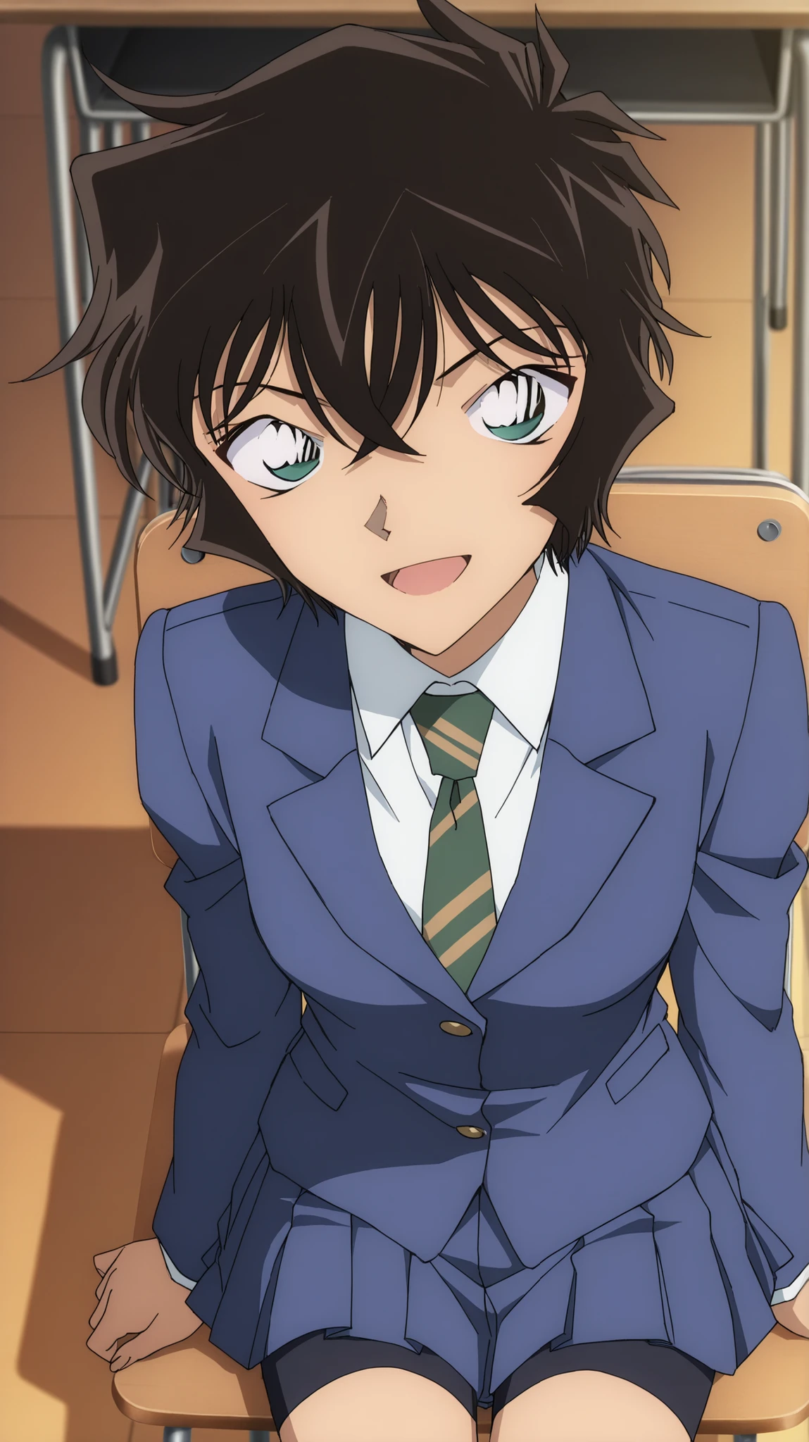 sera masumi,meitantei conan
High quality , best quality , masterpiece, High Resolution , anatomically correct, Detailed face(LoRA: masumi ), detailed hair style (LoRA: masumi ), anime Coloring, screencap
solo, 1 girl,adult,cool beauty
short hair, black hair, green eyes,small breasts,
, skirt, shirt, Detective Conan school uniform, jacket, white shirt, pleated skirt, green necktie, striped, blue skirt, blazer, Blue jacket, green blazer, bike shorts,
looking at viewer ,close up, from above,upper body
classroom,chair
, smile , open mouth,sitting