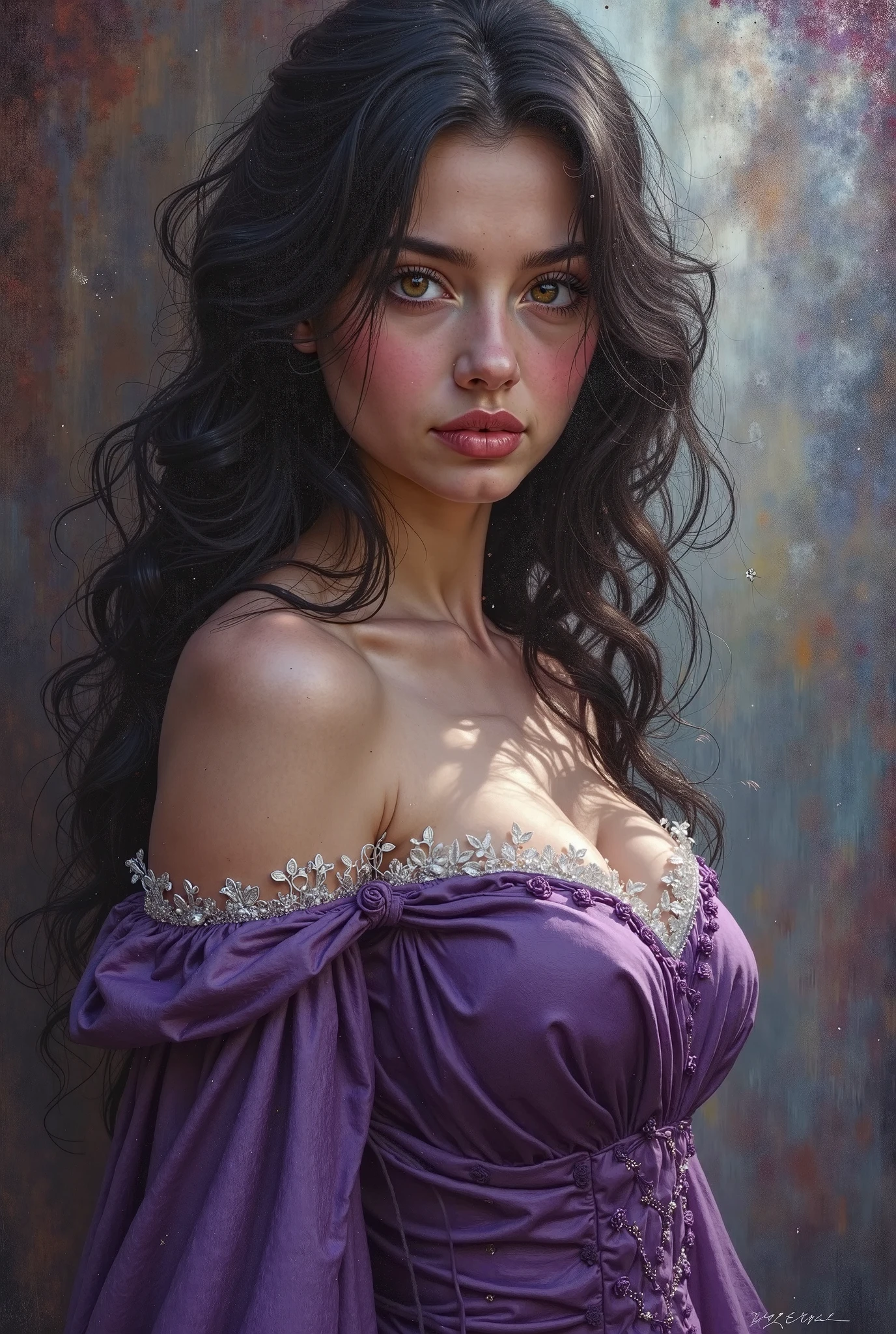 Women with long dark hair and purple eyes in a medieval purple dress