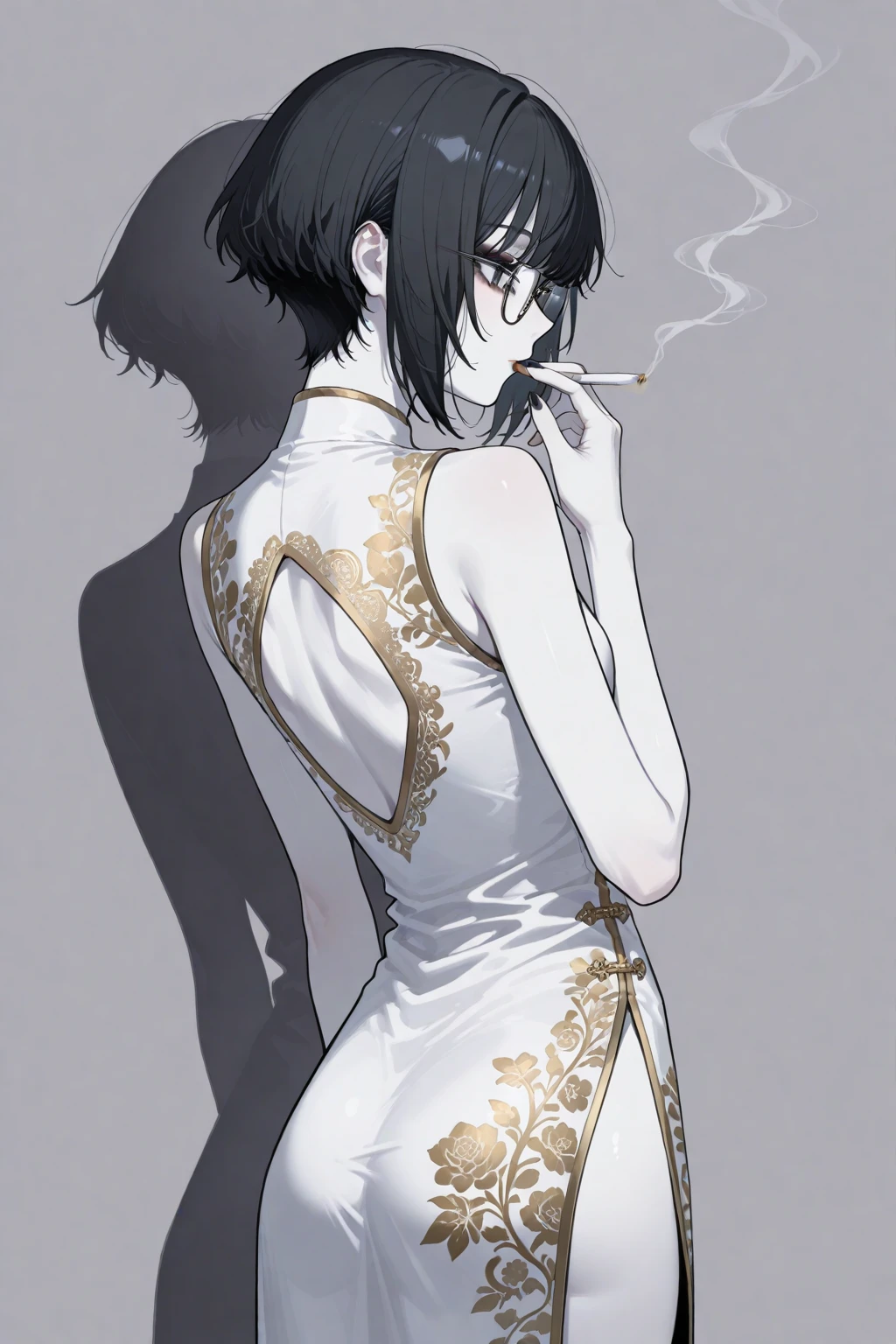 Highest image quality、Highest image quality、high resolution、32k、anatomically correct depiction、 Outstanding Digital Art 、Perfect Shading、gray eyes、dark haired、Dull hair、Morbidly white skin、flat chested、slender figure、Delicate Body、petite body、Girl、short cut hair around the mouth、Wolfcut、 eyes without highlights、hanging eyes、thick black eyeliner above and below the eyes、 looks exhausted 、Looks unhealthy、Chinese clothes、背中が大きく開いたChinese clothes、 deep slit up to the waist、胸元が開いたChinese clothes、 White Outfit 、Panpan、Golden embroidery、Simple floral costume、 Chinese-style Indoor 、Back view、Highlight your 、 sleeveless costume、smoking cigarette、glasses