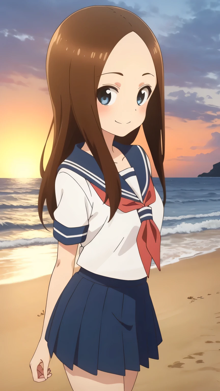 {{{masterpiece}}}, (best quality:1.5), (ultra-detailed:1.5), {illustration}, {{an extremely delicate and beautiful}}, (beautiful detailed eyes:1.6), absurdres, highres, extremely detailed face, 16k, hd, visual anime de uma jovem mulher, extremamente bonito rosto de anime, anime melhor garota, (perfect hands, perfect anatomy), (five fingers:1.3) anime face, Takagi-san(Teasing Master Takagi-san), 1girl, solo, cute face, long hair, brown hair, parted bangs, sidelocks, flushed cheeks, (brown eyes:1.3), (High resolution eyes, Beautiful eyes, Light in the eyes), medium breasts, big hips, curvaceous, BREAK, {serafuku}, collarbone, white shirt, short sleeves, blue sailor collar, red neckerchief, pleated skirt, blue skirt, black crew socks, BREAK, standing, looking at viewer, outdoor, sky, sea, evening, beach, nicebeach, waves, crowd of people, standing, smiling, smirk, from above, from side, walk, sunset