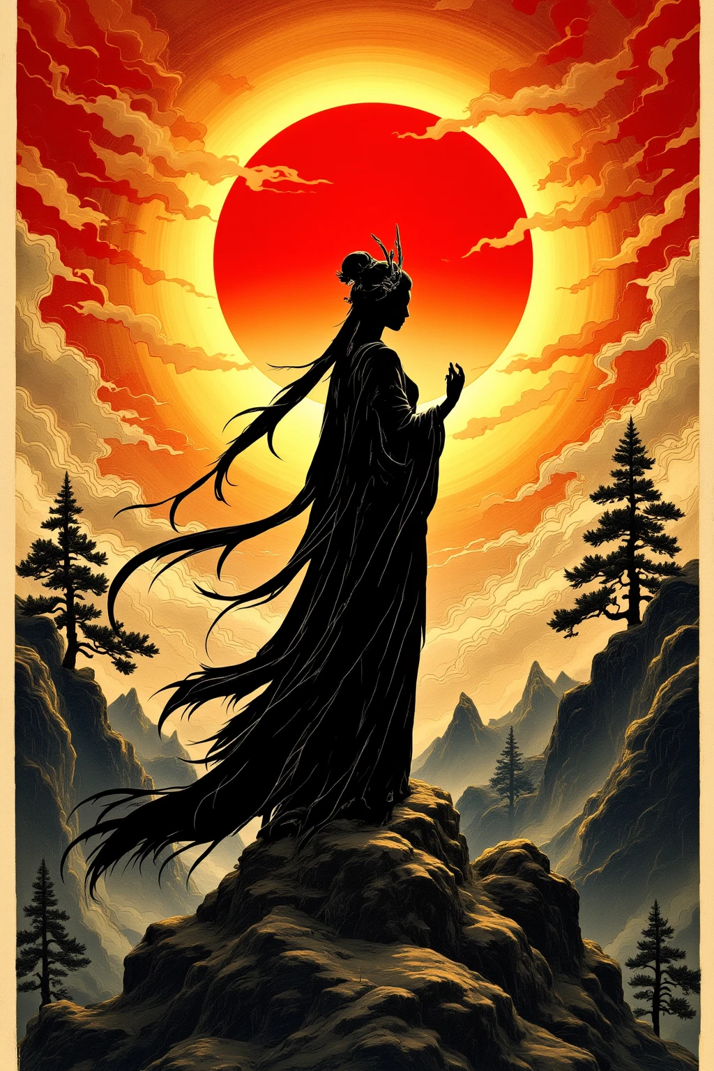 A dramatic ukiyo-e woodblock illustration of Amaterasu, the Shinto sun goddess, in bold silhouette against a blazing, oversized rising sun. She stands atop a mountain ridge with long flowing robes trailing in the wind, her posture regal and centered in the frame. The background features stylized waves and curved clouds in flat blocks of red, gold, and indigo, with decorative pine trees framing the scene. Her form is rendered in crisp black, with no facial features—only the iconic silhouette of her headdress and solar mirror held aloft. Traditional Japanese woodblock style with textured lines, flat color planes, and natural patterns throughout.