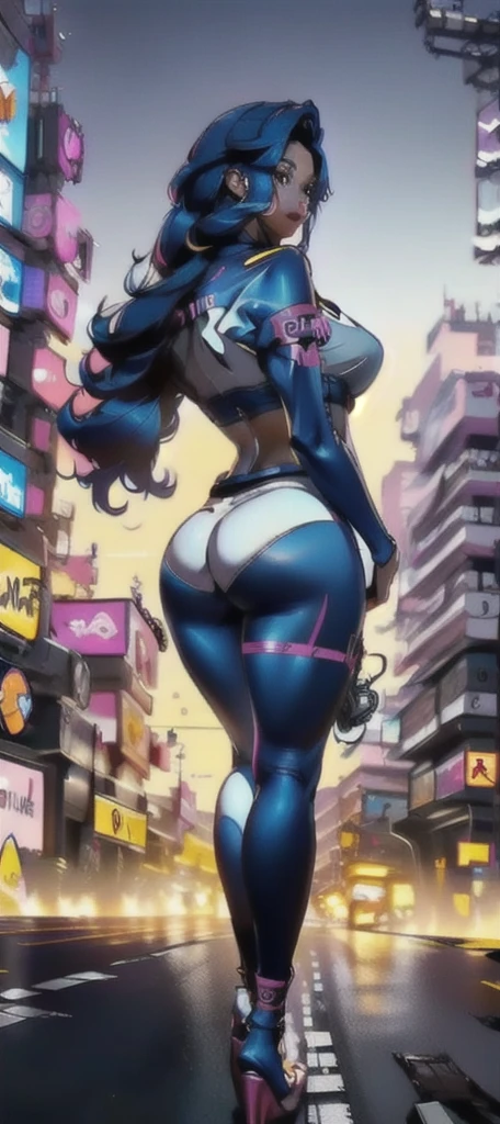 ((Best quality)), ((perfect masterpiece)), (detailed: 1.4), (Absurd), (((full body, curvy body, super huge enormously gigantic , arching her back in a sexy seductive slutty pose)), (((blue hair woman,
blushing, full pouting pink lips))), 35-year-old woman, Beautiful muscular woman, giant robot pilot, wild with perfect curvy body, tons of tattoos and piercings, wearing little clothing, tiny thong, clothing with Japanese cyberpunk graphic patterns, halftone pattern and vertical stripes, perfect color scheme