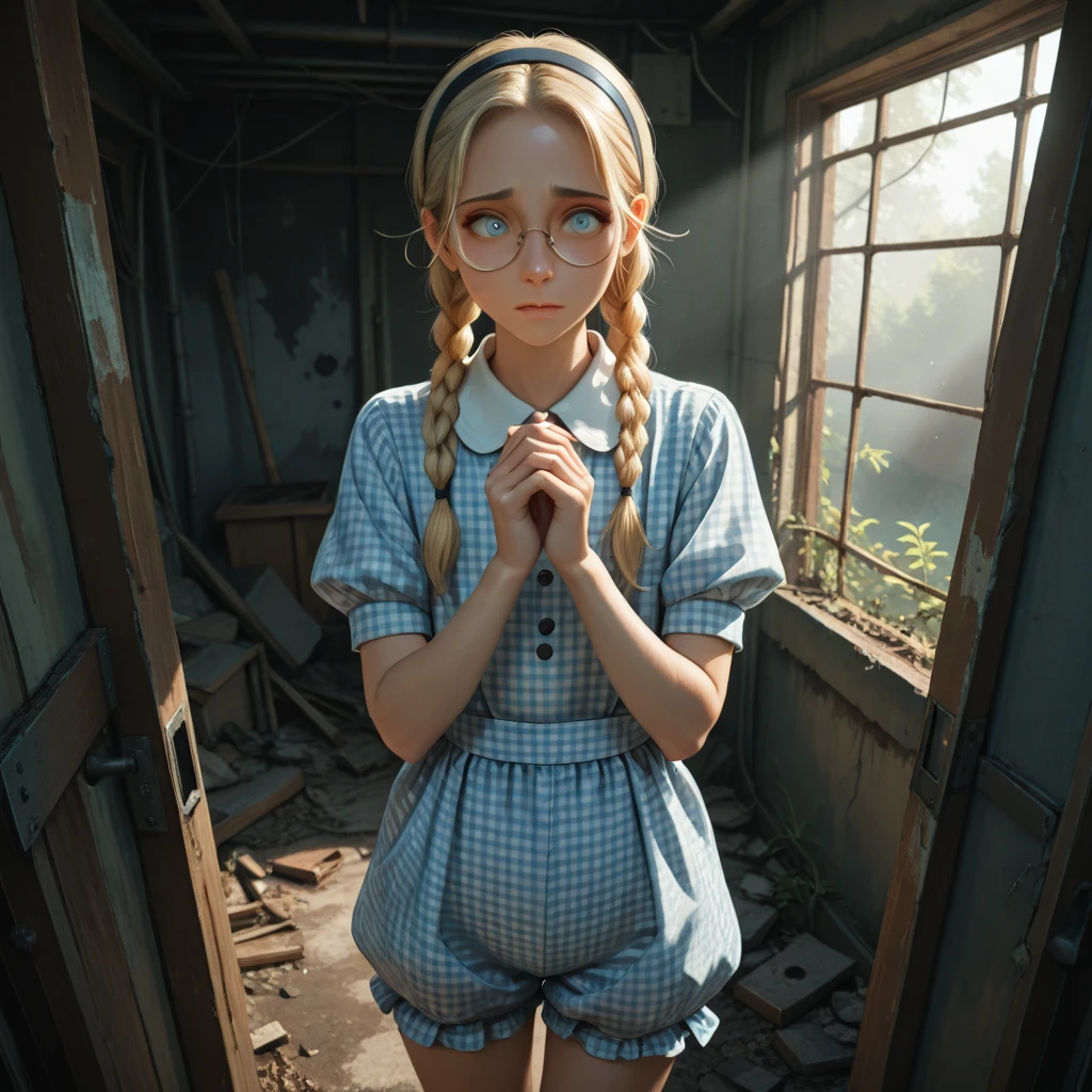 A 14-year-old blonde girl，There is some filth on the body，Wearing an orange one-piece prison suit，Handcuffs on their hands，The feet are fully shackled，Wear orange slippers，Eight inside both feet，and hold your head in your hands，Kneeling on an iron bed in a single cell，Very melancholy look Modern American prison background