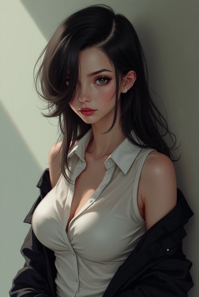 (best quality:1.6), (masterpiece:1.2), (realistic:1.4), (((perfect face))), (((beautifully detailed face))), (((ultra detail face))), (((Beautiful detailed eyes))), (((ultra detail eyes))), (((full body image))), (((beautiful face))), (((perfect eyes))), (((full body shot))), Detailed drawing, perfect anatomy, (High Resolution), (high detailed skin), ((top-quality)), ((High Definition)), high quality shadow, mostly cloudy sky, detailed background, ((Unbeatable masterpiece)), Maximum clarity and sharpness, Multi-layer Textures, Post-Processing, Anisotropic Filtering, octane render, two-tone lighting, professional photography, Realistic portrait, White balance, Long Exposure, Low ISO, 8K RAW, perfect hands, detailed fingers, Ray Tracing, Depth of Field, (((Photorealistic))), anatomically correct, (((Best Quality))), (((Super Detail))), (((UHD))), (front open shirt:1.2), (unbuttoned to the belly:1.4), (no bra:1.8), (oversized white shirt:1.3), (open chest clothing), (open front), (open shirt), (white shirt with wide open chest:1.4), (open chest wide), (front open-breasted), (exposed breasts:1.2), (((gothic eye makeup with so many eyelashes and jet black eyeshadow))), (showing slender figure with thin waist and beautiful stunning toned abs:1.4), (navel exposed), half-closed eyes, (Dark black eyeshadow with a gorgeous gothic feel), (((bare forehead))), (((bare foot))), (((bare legs))), (not wearing bra:1.2), (bare breasts:1.2)