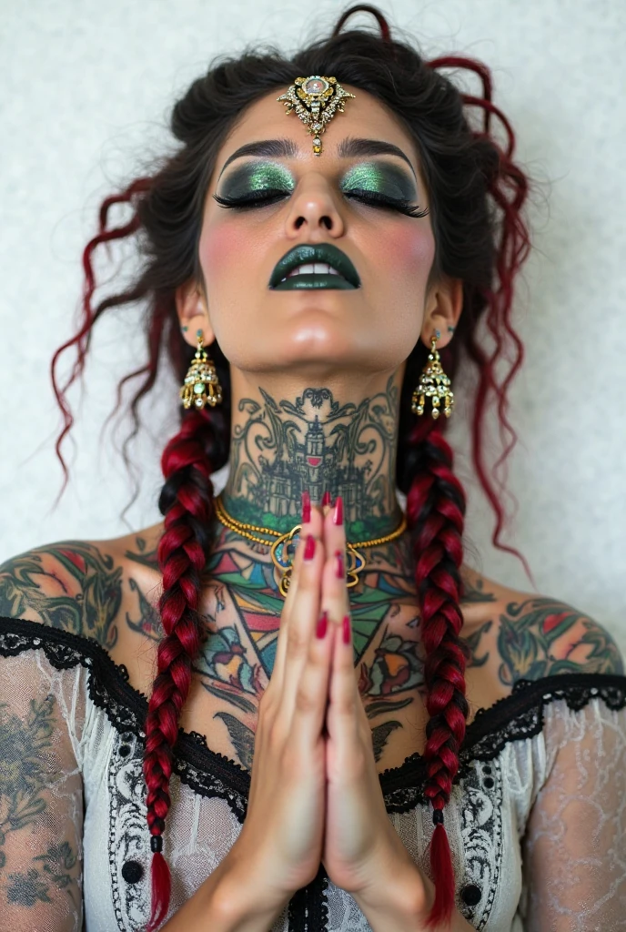 submissive and orgasmic, symbiotic black eyes, (pink dream world aesthetic), (astral realm aesthetic 3d background), (dream color contrast), ((exposed viejas hipercadenas)), (Snowpunk), (gothic snowboarder babe), ((cannabispunk)), ((THC aesthetics)), cannagótico, ((gothic aesthetic)), (mujer hiperhermosa), belleza exagerada, Punto de vista desde arriba, mirando al espectador, (aesthetically designed cybernetic human woman), ((POV from above of a lonely 21 year old woman)), viejas hipercadenas, glowing bionic eyes, bionic third eye on the forehead, psychic, astral projection, maquina espiritual, peinados emos, Magic forest landscape, cronomante(una mujer), un mago manipulador del tiempo, Diosa de las galaxias, Vista de tres lados, High Definition, Obra maestra, anatomically correct, piel texturizada, super detail, alta calidad, high resolution, 16k, Black hair with cyber braids..!!, long eyelashes