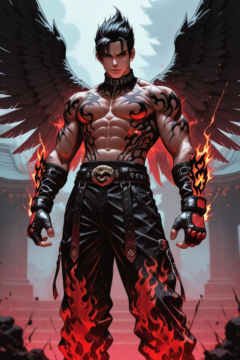 (8k,photorrealistic　RAW photograph　Maximum quality;1.4) (1 Korean) Super handsome king of the underworld　(lifelike face) 　(mohawk hair ,  medium hair in the wind)　slenderbody　Muscular and virile macho　big pink eyes　Aristocratic metallic spring outfit 　Waterfall decoration 　Fangs peeking out of the mouth　Pointed claws　a seductive gaze　Beautiful expression　A hyper-realistic　(King of the Underworld)　appealing　(real looking skin)　super high resolution　high detail with towels only 　Aura of thought flowers emanating from the body　transparent cover effect 
