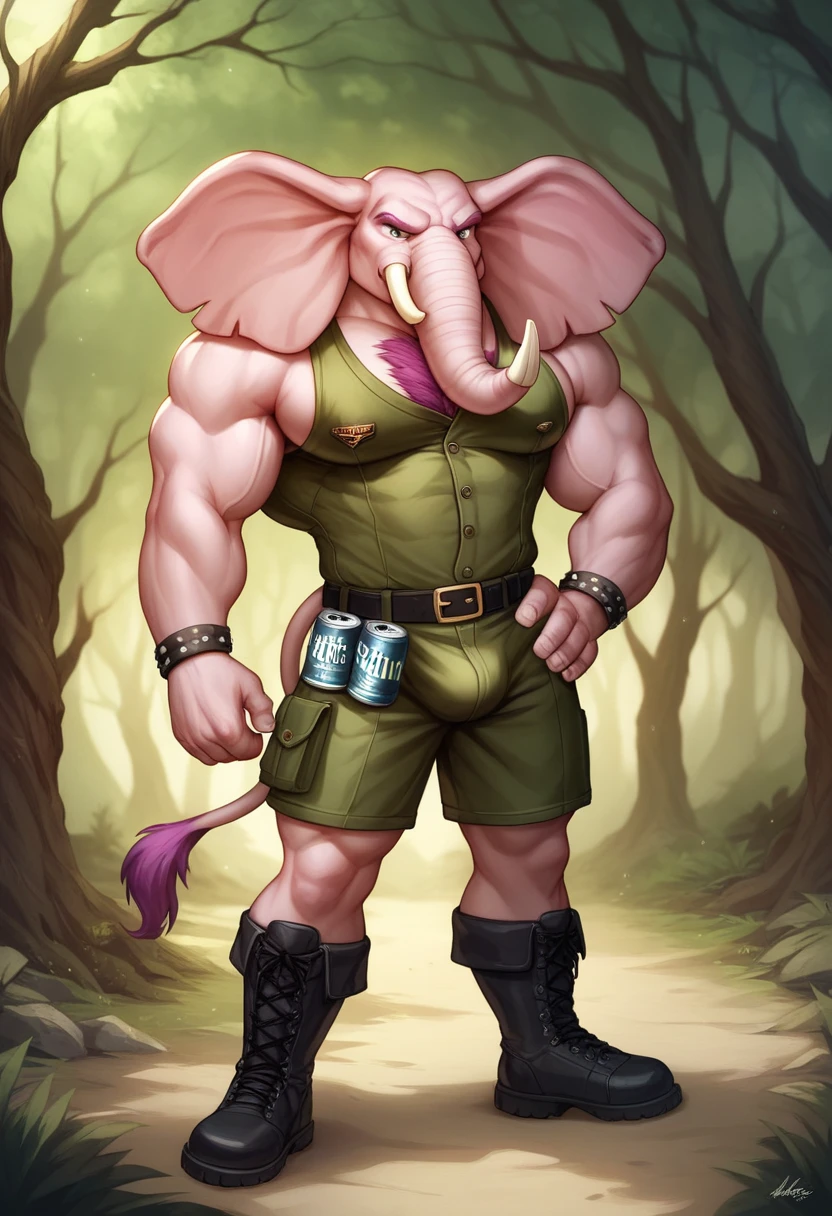 A male chubby muscular anthropomorphic cow a wearing skimppy sleavless tunic, boots, and gloves, in a forest