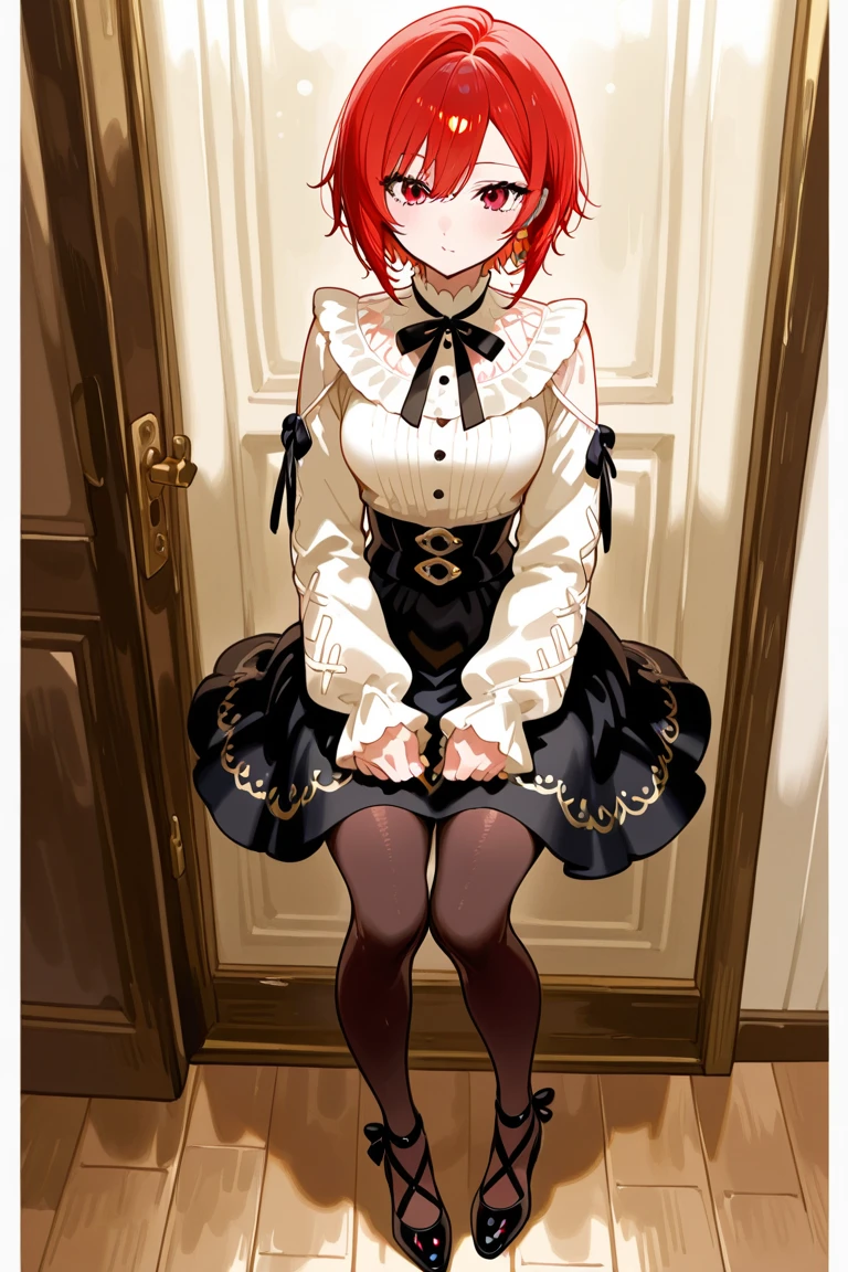 , masterpiece, best quality, ultra-detailed, vampire, short, loli, young, shy, blushing, 1girl, short dark red hair, flat chest, small ass, dark gown, sitting on bed, panties, Heterochromia