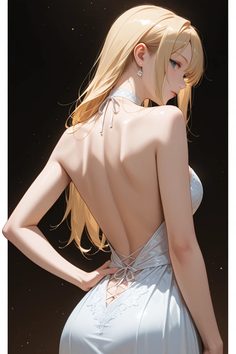 Every detail、、From the back、masterpiece、Woman facing backwards、Long dress with slits、Sparkly dress with glitter、Satin dress、From the waist to the thighs、Close-up on the waist、Zoom in on the waist