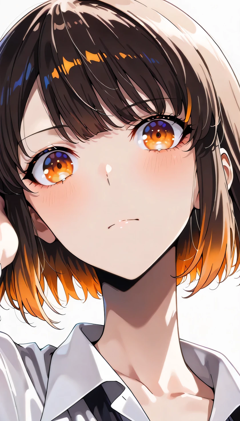 anime girl, ((hae-in cha)), bright orange eyes, confident strong expression, one hand behind head pose, soft lighting, clean background, anime art style, detailed shading, medium shot, soft lighting, cool charming atmosphere, fish eye perspective view,, bloody, ((short bob haircut, straight bangs, two-tone hair, black brown base, orange highlights, gradient ombre effect, shoulder-length, orange yellow tips, dark roots))