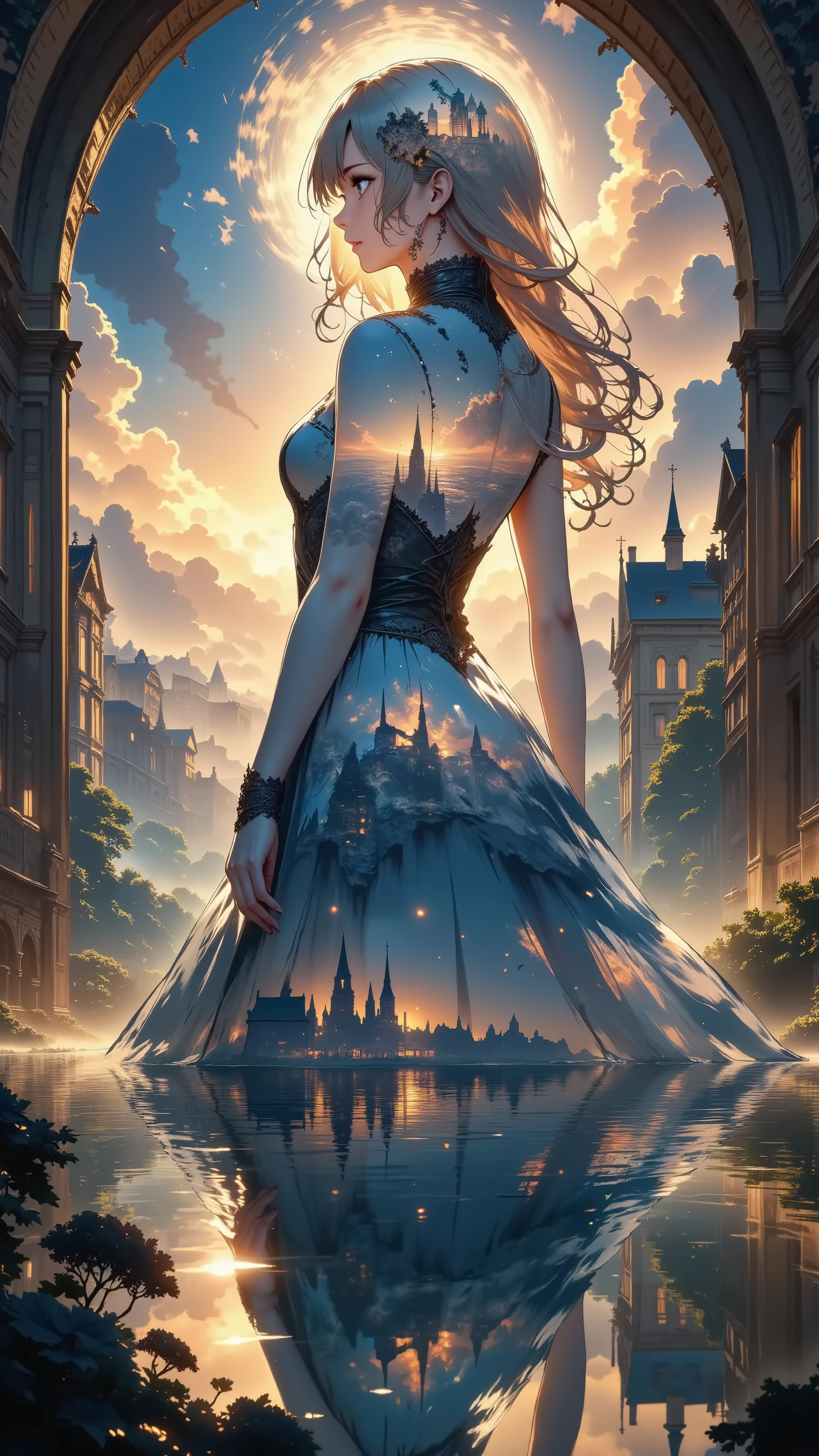 score_9, score_8_up, score_7_up, masterpiece, source_anime,fantastic scenery,Character in background,Multiple exposure,A woman's back is captured in a large double exposure shot,waterlight,colorful lighting