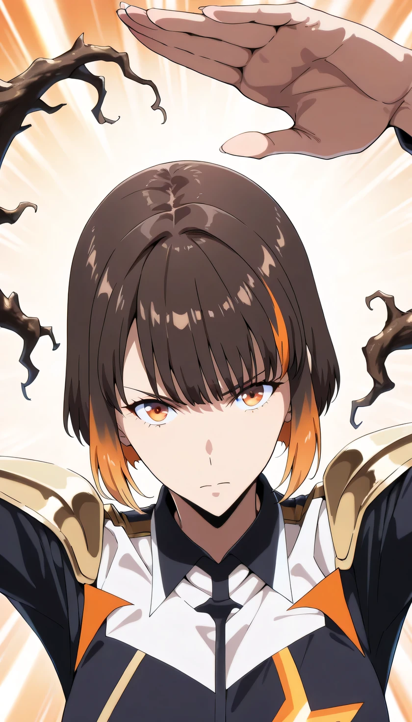anime girl, ((hae-in cha)), bright orange eyes, confident strong expression, one hand behind head pose, soft lighting, clean background, anime art style, detailed shading, medium shot, soft lighting, cool charming atmosphere, fish eye perspective view,, bloody, ((short bob haircut, straight bangs, two-tone hair, black brown base, orange highlights, gradient ombre effect, shoulder-length, orange yellow tips, dark roots)), realistic field background