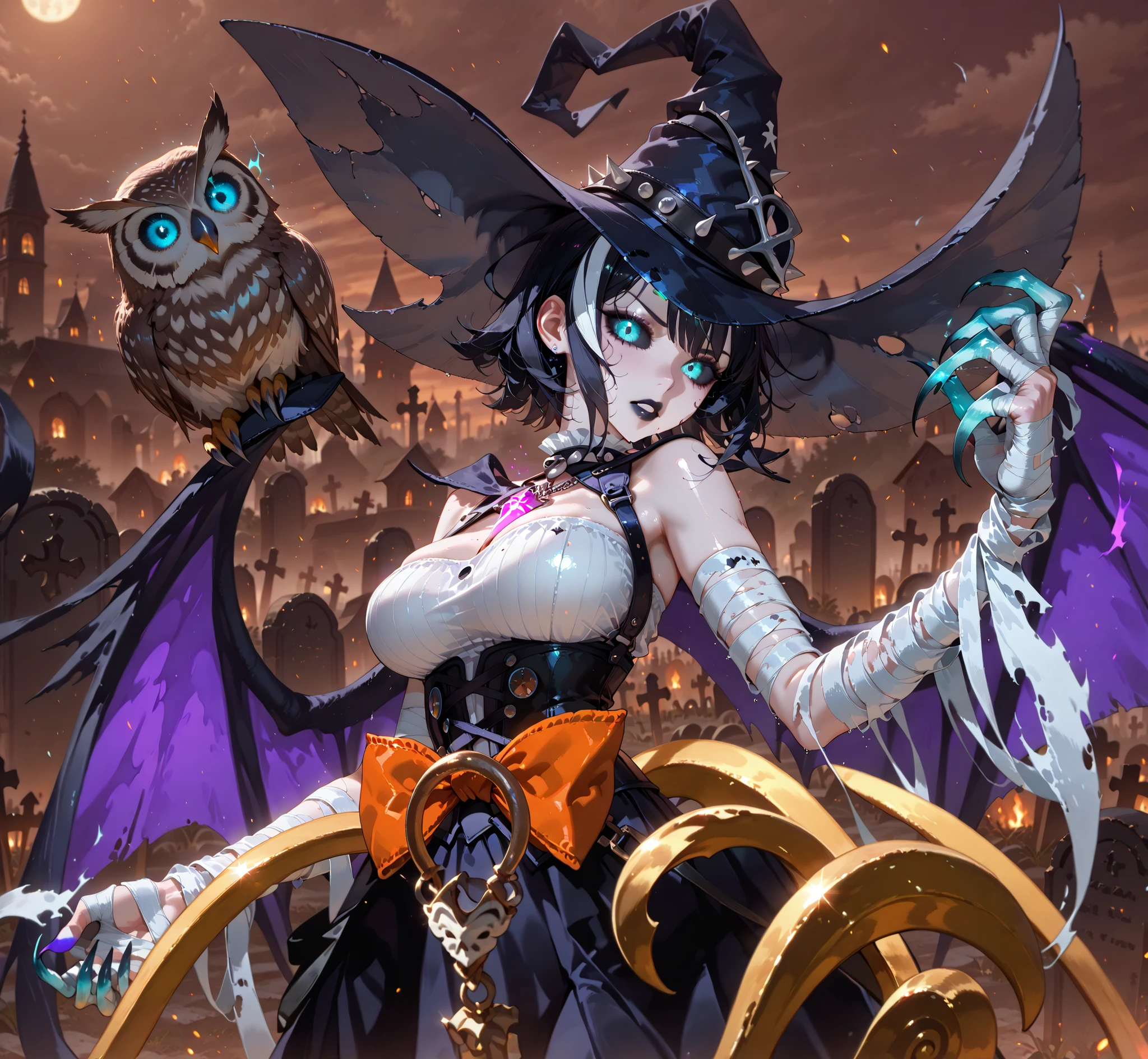 (SuperQuality:1.0) ~ (SuperQuality:1.2), detailxl, 1girl, High Resolution, Best Quality, High Details, Super Detailed, detailed background, goth, black hair, white streaked hair, short hair, cyan eyes, black sclera, black lips, looking at viewer, bandage, witch hat, long claws, owl, wings, aura, glowing, dark cemetery background,