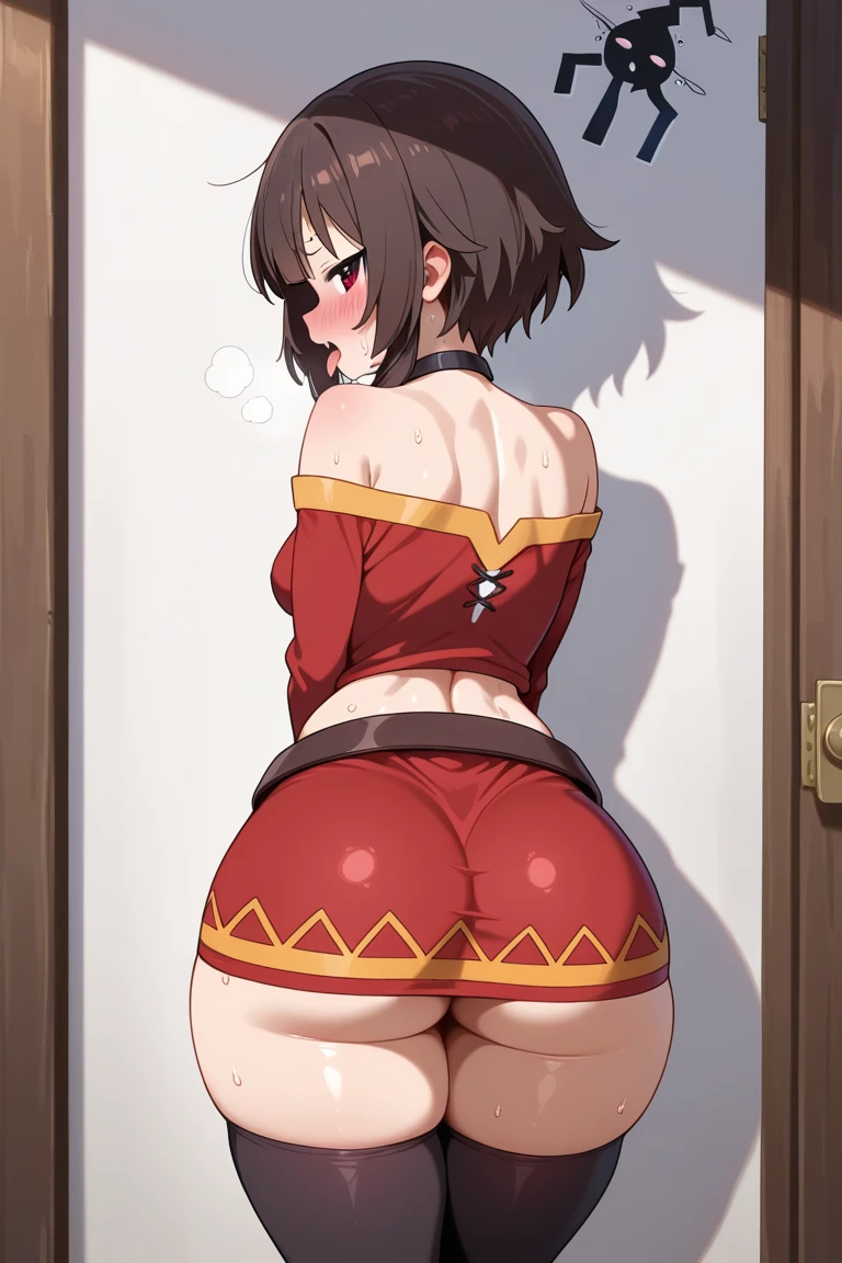 Megumin, magical explosion, fiery red hair, detailed eyes, staff in hand, confident and determined expression, black cloak billowing in the wind, intense battle pose, arcane symbols glowing, majestic background, sparks and flames, vibrant colors, high contrast, dynamic lighting, anime style, (konosuba), shamale, futa, down shot, frontal, sin calzones, penis, dick al aire, rostro perfecto, obra maestra, perfect dick, big dick, big boobs, big ass, perfect testicles, big ball's