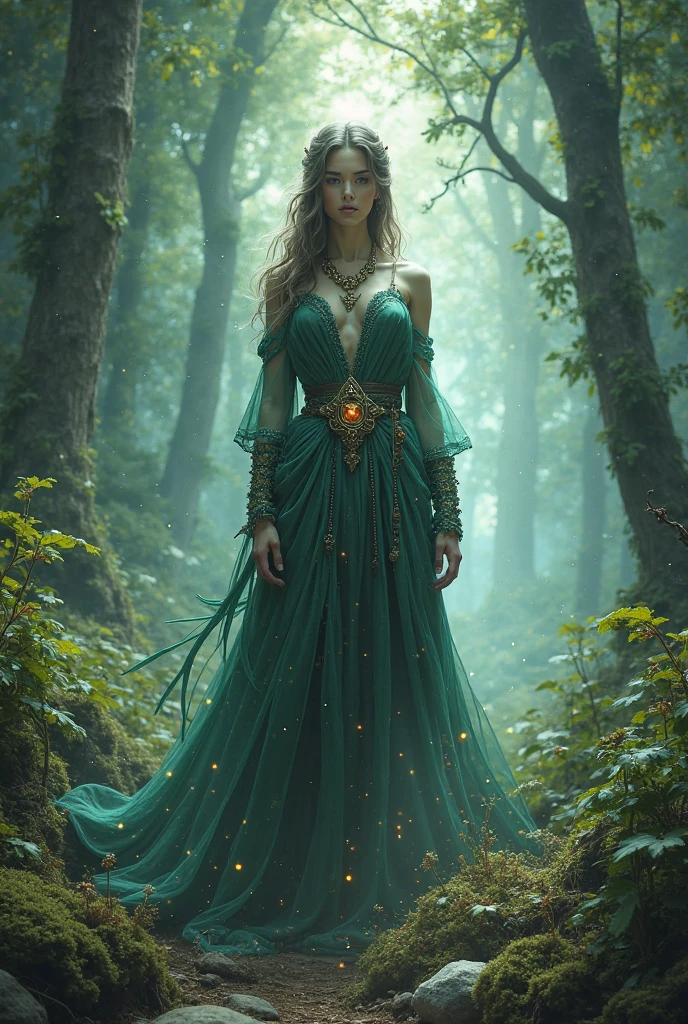 (photorealism:1.2), beautiful goddess wearing a green outfit. In an enchanted forest. She should have dark brown hair and Emerald eyes.