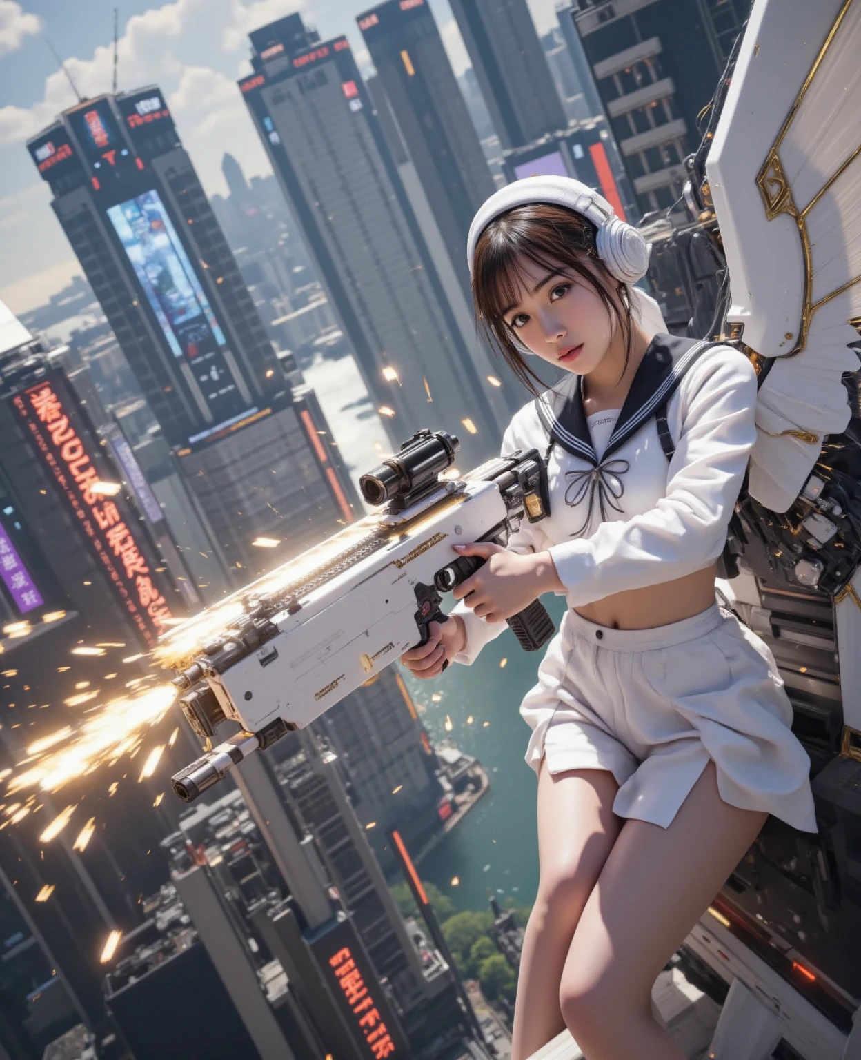 RAW image quality、8K分辨率、Ultra-high-definition CG images、电影灯光, octan render, ultrasharp, 1 girl in, japanes, embarassed face, glowy skin, (Shortcut Hair), headset on head、Futuristic pilot suit, cleavage of the breast, Exposure of the abdomen, intricate detailes, Runaway, Running at full speed, Breaking through the glass, Shards of flying glass, cyberpunked, Night sky with countless stars twinkling, Shining Milky Way, Heavy rain:1.3, Ruins, (Laser beam attack:1.4), Big explosion in the background:1.3, (Severe blast)、Pillar of fire:1.2, A city engulfed in flames, floods, wetting hair:1.5, wetted skin:1.5, puddle, Detailed eyes, detailed skin textures, cammel toe, Detailed CG image quality, (8mm fisheye lens:1.4), Angle looking up from below:1.2, (Full Body Angle), The whole body is soaking wet, Fast shutter speed,