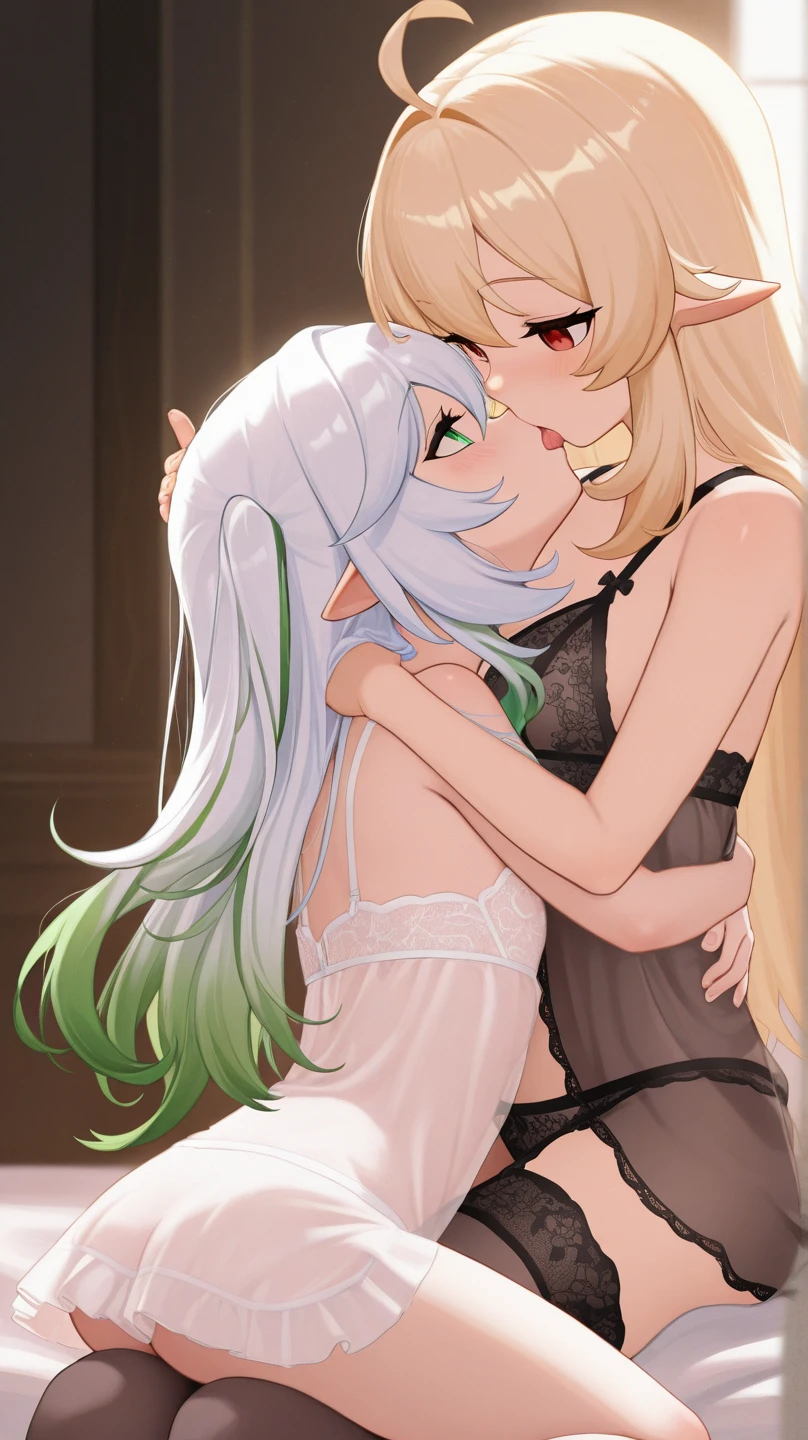 Two Women,Alpha ,Long blonde,gamma,Long Black Hair,((Touching the chest)), ((dress))),Nipples,Big Breasts,BIG ASS, kiss, (adult), (Elf),pubic hair
 ((My crotch is wet)),Love Hotel,My crotch is wet,Are standing,(masterpiece:1.2), High resolution, Highest quality, 8k,