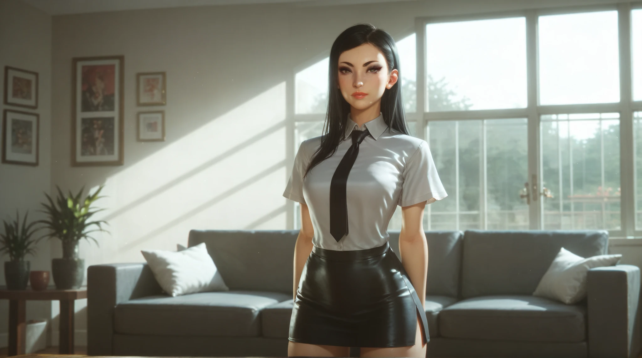 score_9, score_8_up, score_7_up,score_6_up, score_5_up,1girl, long black hair, makeup, shirt with a tie, black mini pencil skirt, living room with sunshine shot through the window,
 <lora:GoodfitchunliPonyv1:1>