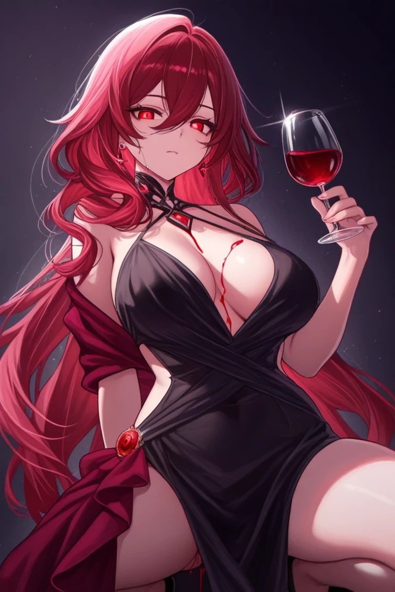 Himeko, honkai star rail, 1girl, alcohol, alternate costume, armlet, bare shoulders, black background, ((black dress)), black gloves, ((black thighhighs)), large breasts, cleavage, criss-cross halter, cup, dress, drinking glass, flower, gloves, gradient background, hair between eyes, hair ornament, halterneck, holding, holding cup, large breasts, long hair, looking at viewer, red hair, red nails, golden eyes, see-through gloves, solo, thighhighs, thighs, very long hair, wine, wine glass, ((masterpiece)) pleated red skirt, sitting,