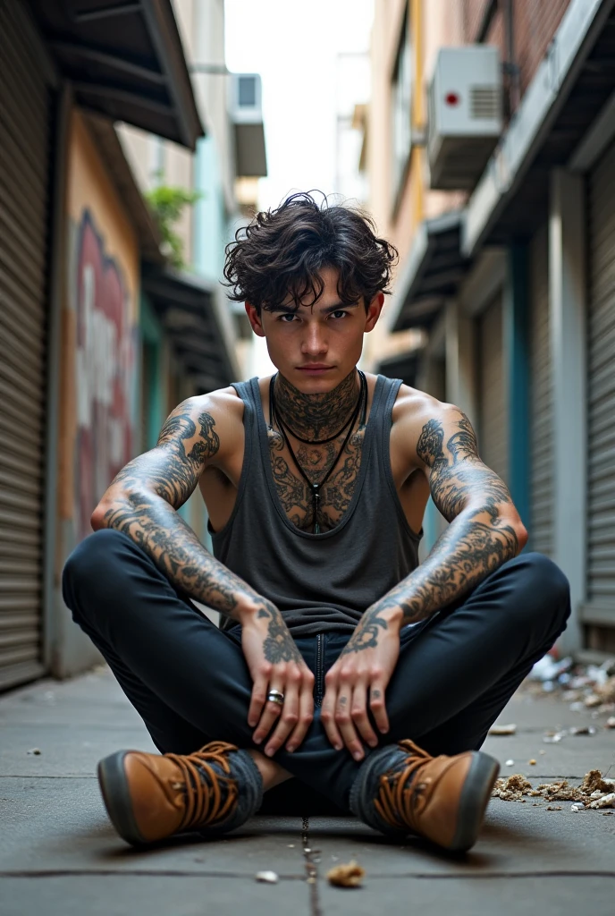 create an image of a boy, dark hair ,
with big brown eyes ,light brown skin,
with tattoos on the forearms, short beard, graffiti style