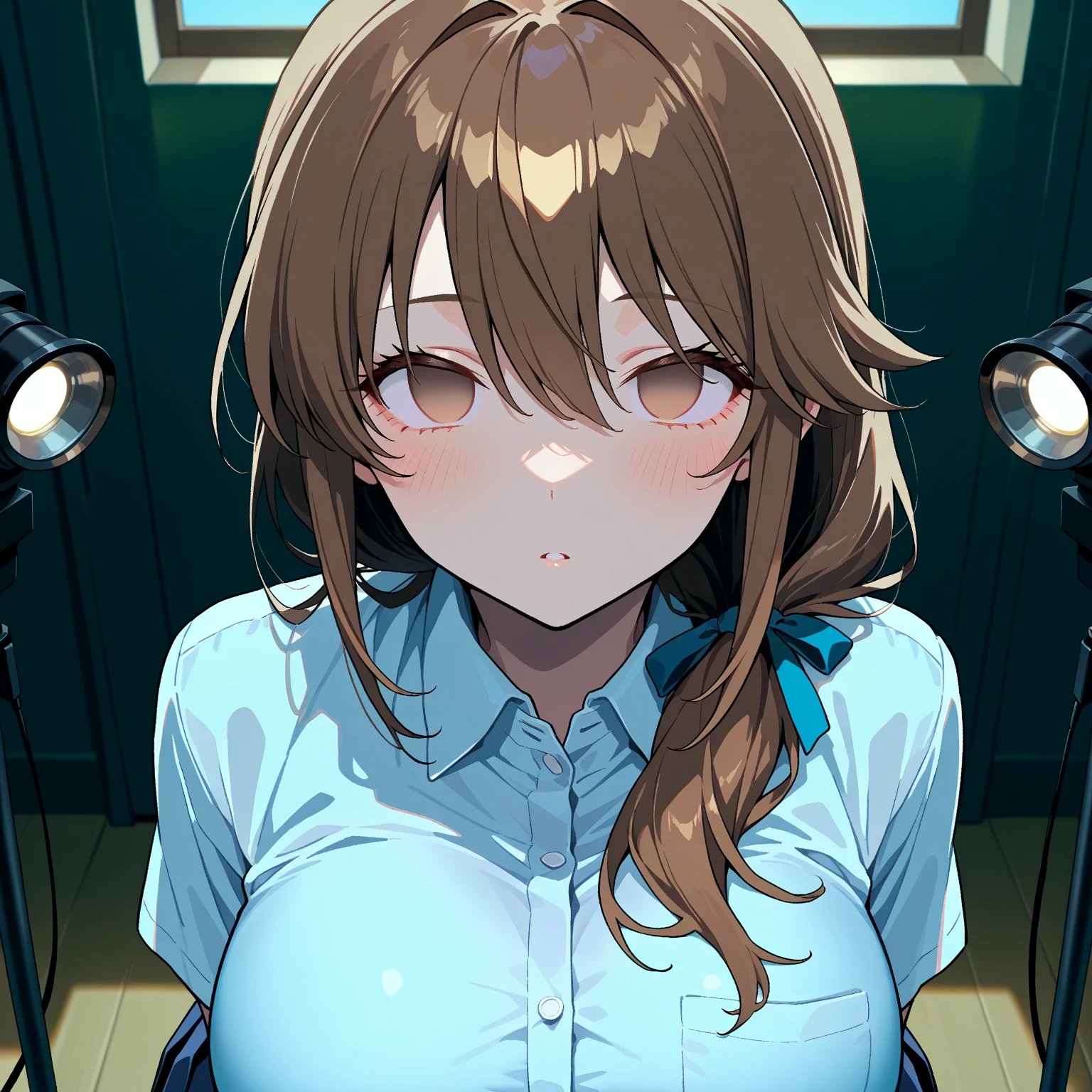 NSFW,Yuuki Asuna、Long Hair、Brown Hair、(Brown eyes:1.8),(High-quality dress),Big Breasts,Cleavage,clavicle,(Perfect hands),(Perfect Anatomy),(masterpiece),(highest quality),Embarrassed,blush,(Prison:1.5),(slave:1.5),Open your mouth、Sticking out tongue,(Frustrated face:1.5)