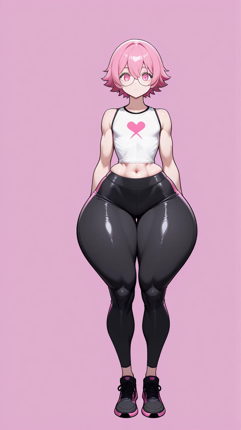 Really embarrassed tomboy Slim girl, with short gray curly hair, brown skin and glasses, In pink body paint , full body, dynamic poses, View from back