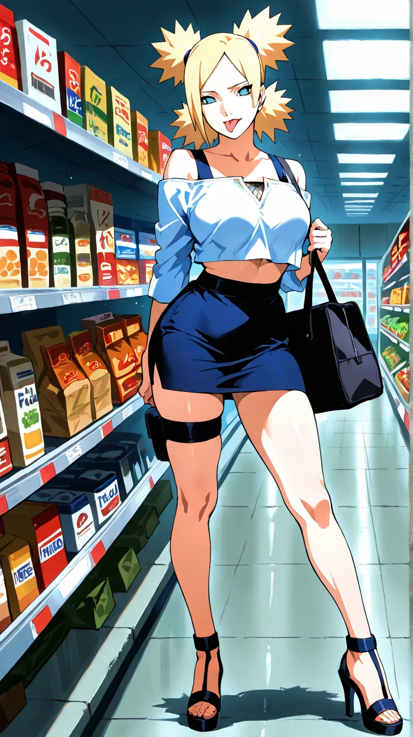Masterpiece, best quality, Masterpiece, best quality, 1 woman, wavy brown hair, sly face , pink bikini , big breasts , Long legs , hands on hips , Barefoot , convenience store